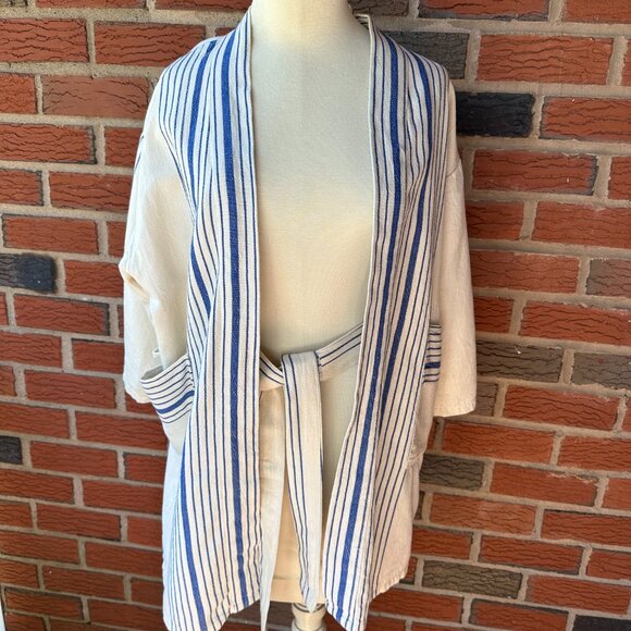 Home & Loft Ivory & Blue Short Bathrobe - Small - Premium Turkish Cotton - Picture 2 of 4